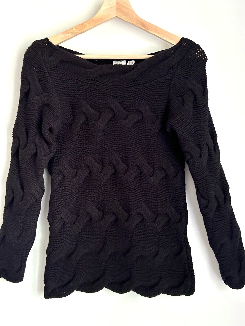 Esprit Black Cable Knit Sweater, Boatneck, Size Medium (fits Small)